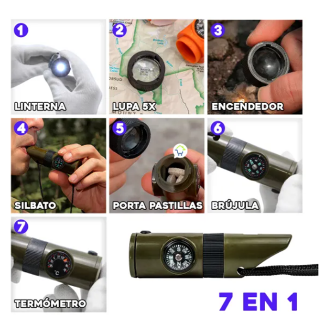 Silbato 7 funciones Multiherramienta de Supervivencia 7 en 1